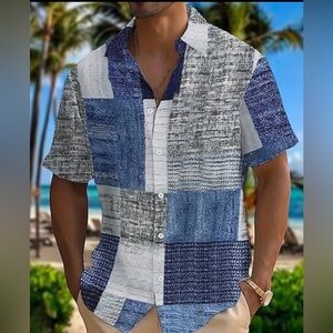 NEW! Ouku Men's Short-Sleeve Blue Patchwork Print Shirt XL